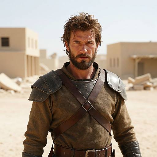 Medieval Warrior in Desert Armor Standing Outdoors