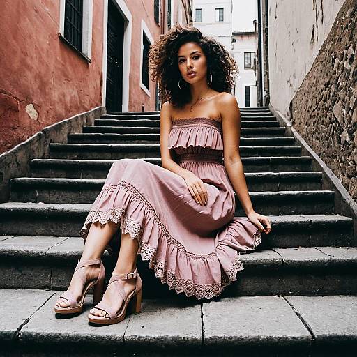 Stylish Woman in Dusty Rose Dress Sitting on Urban Stone Steps