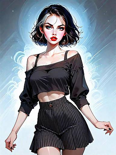 Stylish Woman in Black Crop Top and Pleated Skirt Digital Art