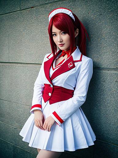 Woman in Maki Nishikino Cosplay Costume with Red Hair and White-Red Outfit