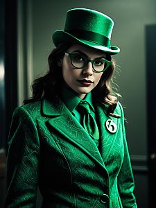 Woman in Detailed Riddler Costume with Top Hat and Glasses, Cinematic Realism