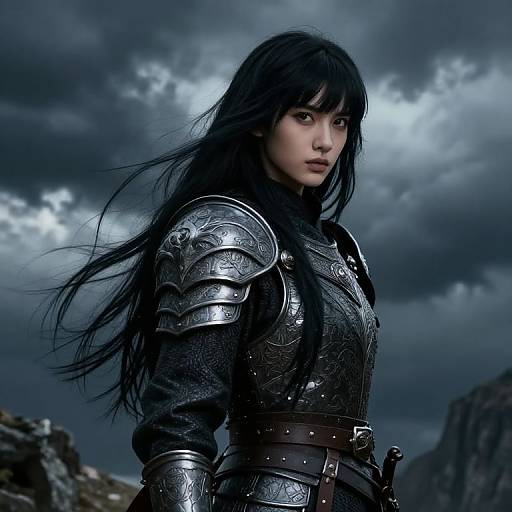 Strong Woman Warrior in Medieval Armor with Stormy Sky