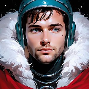 Young Man in Teal Helmet and Red Coat