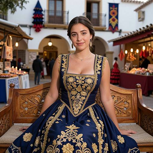 Young Woman in Embroidered Blue Dress at Traditional Spanish Market