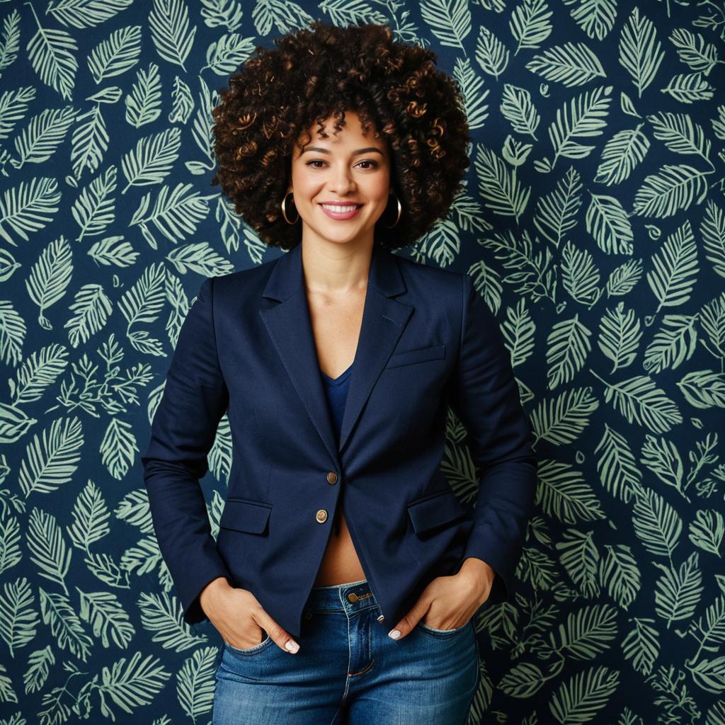 Confident Woman in Navy Blazer with Curly Hair Posing Against Leafy Pattern Wall
