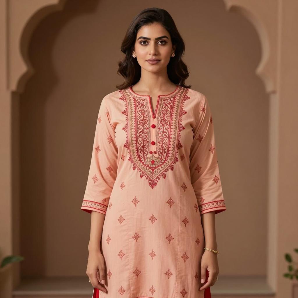 Woman Wearing Peach Red Embroidered Traditional Kurta in Elegant Setting