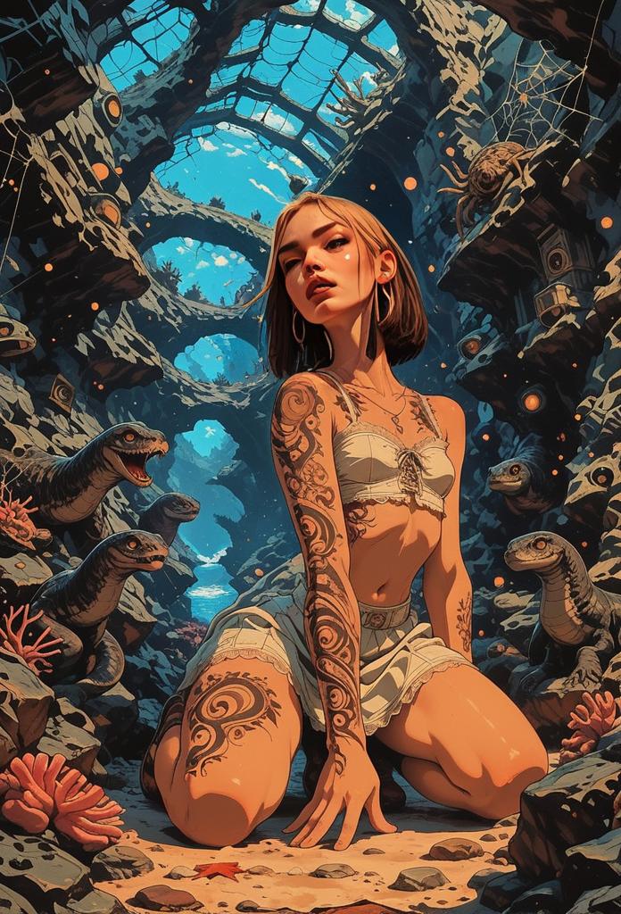 Tattooed Woman in Fantasy Underwater Dinosaur Cavern Digital Art