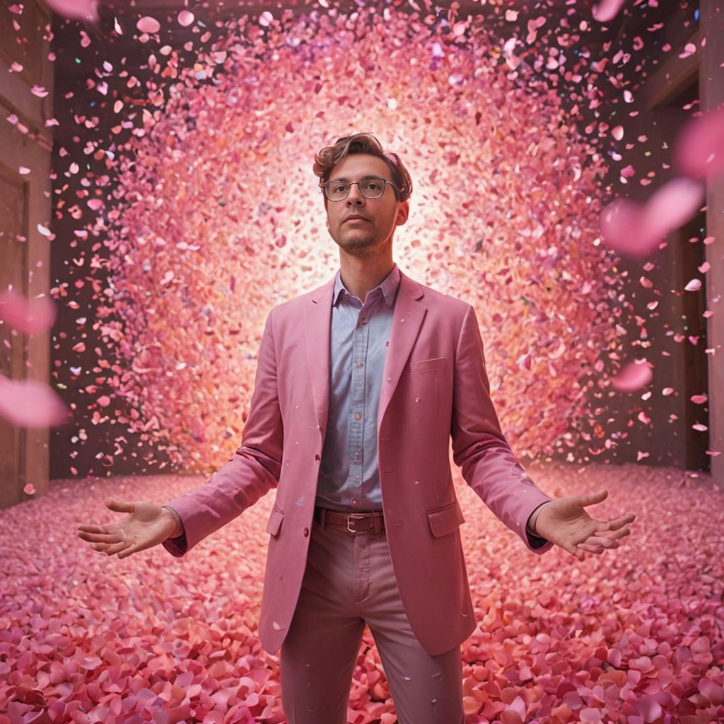 Man in pink suit with pink hearts