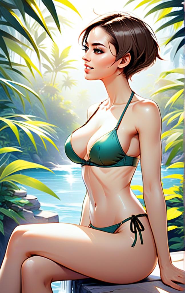 Young Woman in Green Bikini by Tropical Pool Digital Illustration