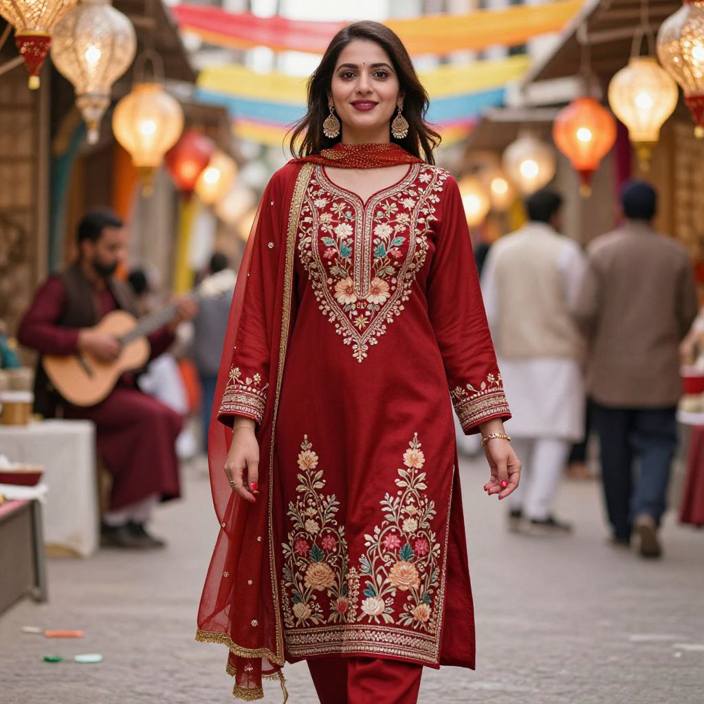 Traditional Red Embroidered Kurta Outfit on Woman in Festive Street Setting