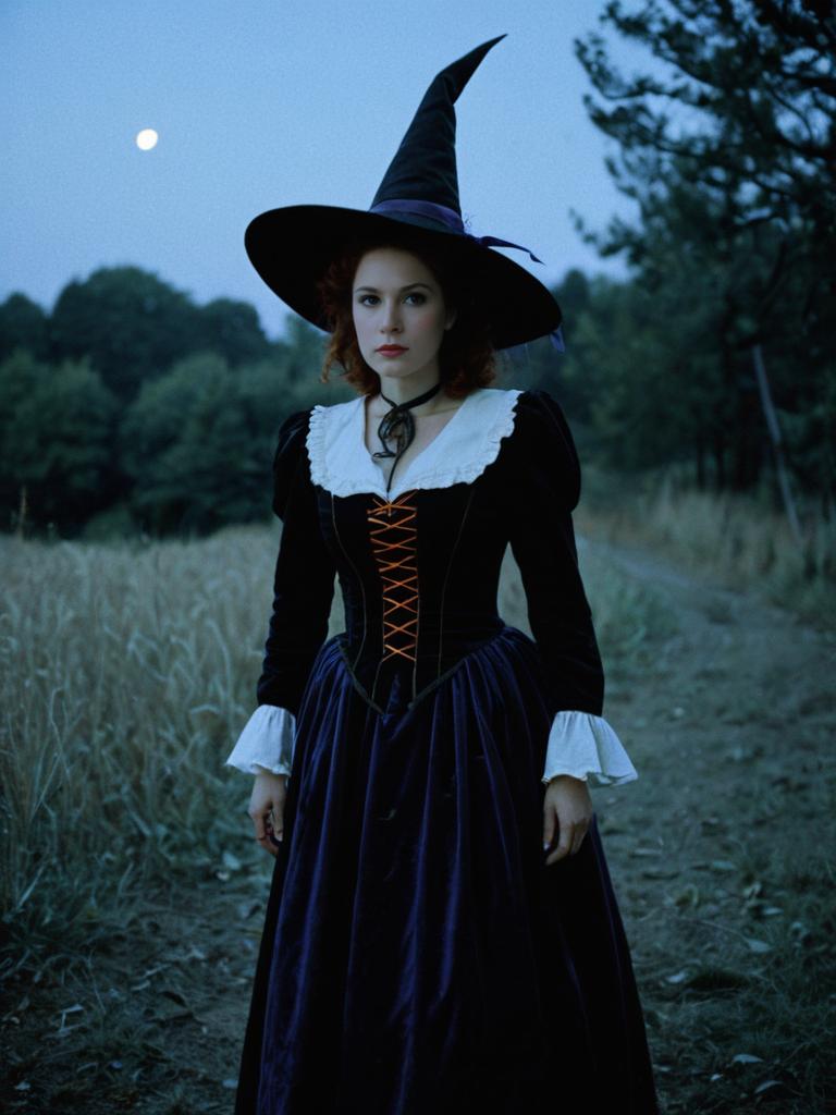 Photorealistic Woman in Elizabethan Witch Costume Outdoor Portrait with Moon