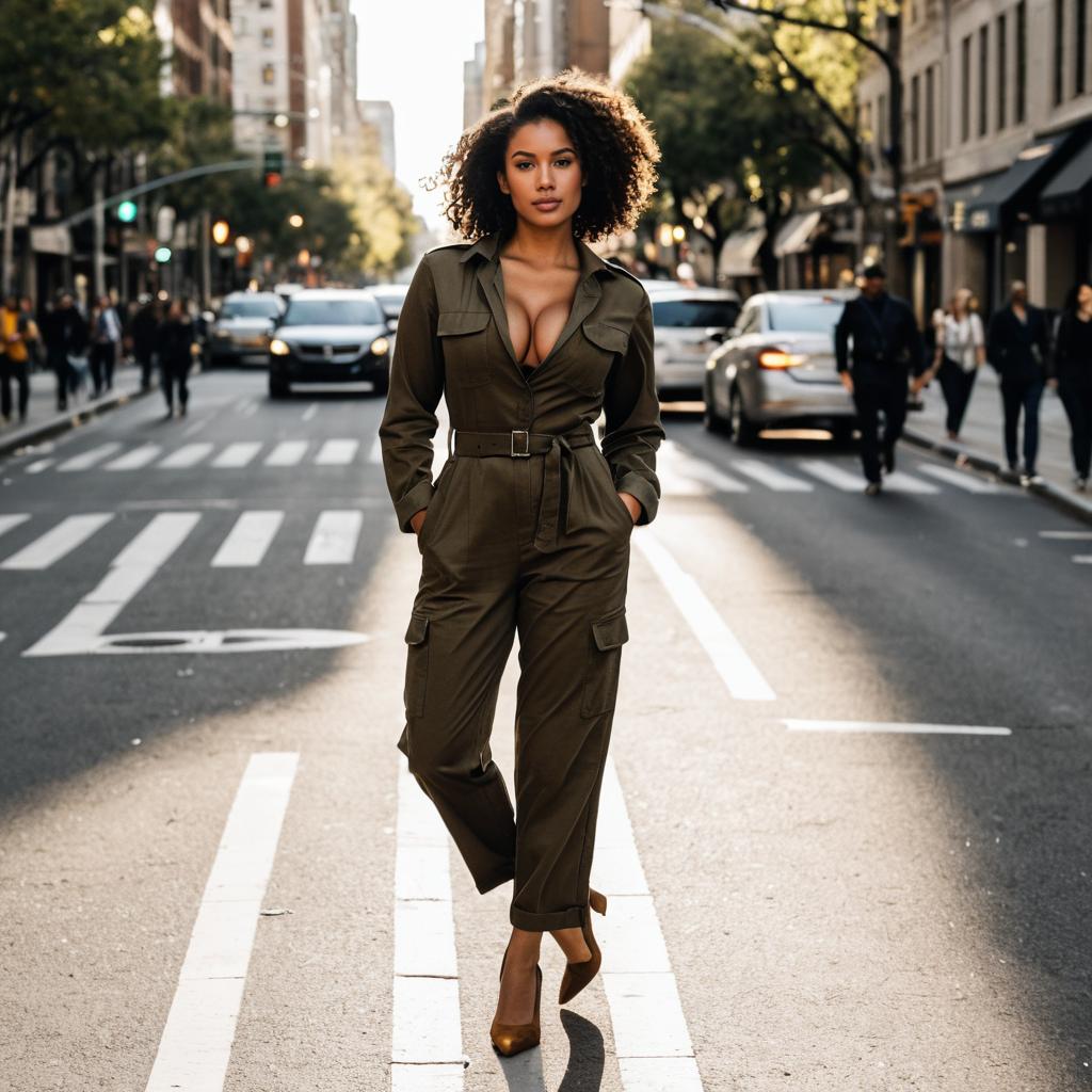 Confident Woman in Olive Green Utility Jumpsuit Walking in City Street
