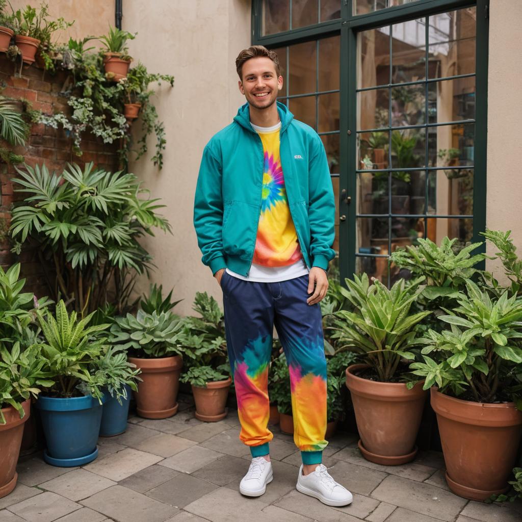 Cheerful Man in Colorful Attire Surrounded by Plants