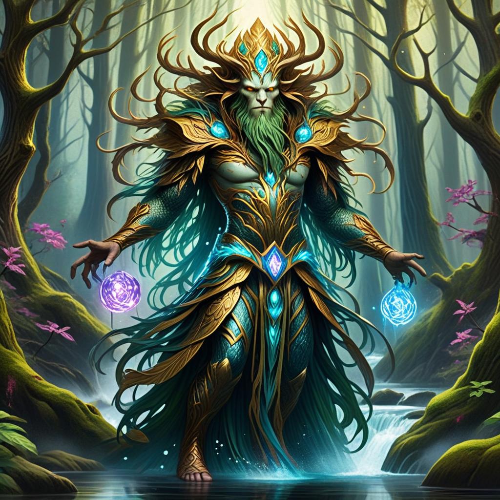 Powerful Forest Deity in Mystical Stream