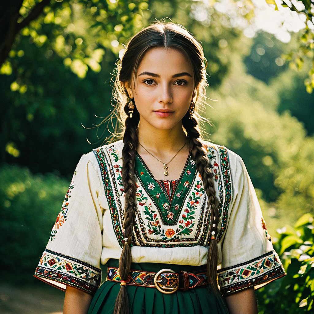 Young Woman in Embroidered Blouse and Green Skirt