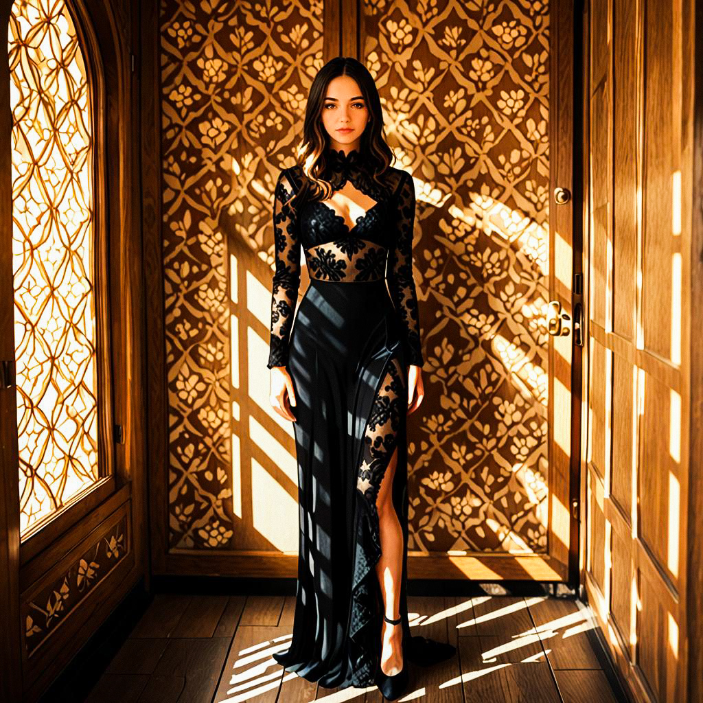 Elegant Woman in Black Lace Dress