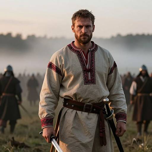 Medieval Warrior in Traditional Embroidered Tunic with Sword on Foggy Battlefield