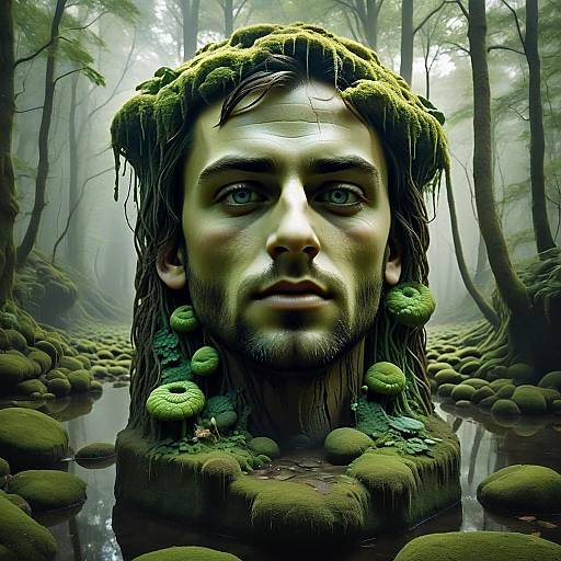Surreal Man Head with Moss and Fungi in Mystical Forest Artwork