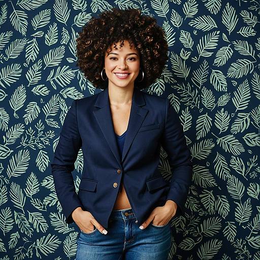 Confident Woman in Navy Blazer with Curly Hair Posing Against Leafy Pattern Wall
