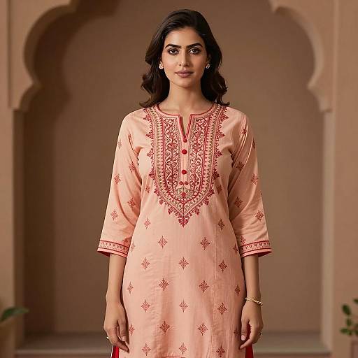 Woman Wearing Peach Red Embroidered Traditional Kurta in Elegant Setting