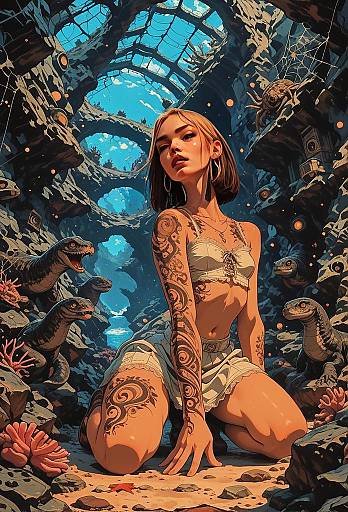 Tattooed Woman in Fantasy Underwater Dinosaur Cavern Digital Art