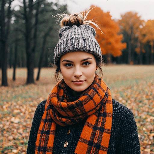 Young Woman Wearing Knit Beanie and Plaid Scarf in Autumn Forest