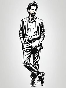 Confident Man in Blazer - Black and White Illustration