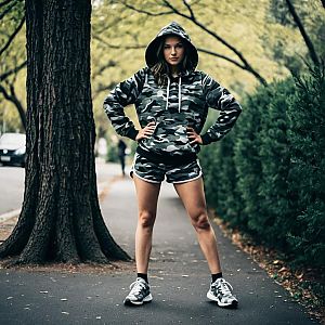 Confident Young Woman in Camo Streetwear Outdoors