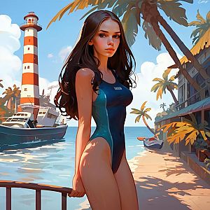 Young Woman in Swimsuit by Coastal Lighthouse