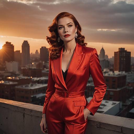 Elegant Woman in Red Satin Suit on Rooftop at Sunset