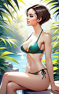 Young Woman in Green Bikini by Tropical Pool Digital Illustration
