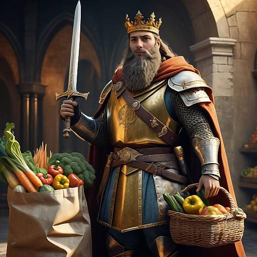 Medieval King in Golden Armor Holding Sword and Basket of Fresh Vegetables