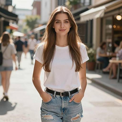 Young Woman in Casual White T-Shirt and Ripped Denim Shorts on Street