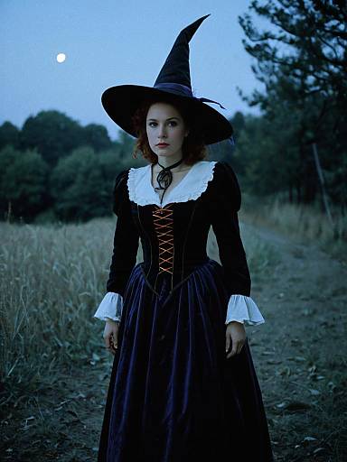 Photorealistic Woman in Elizabethan Witch Costume Outdoor Portrait with Moon
