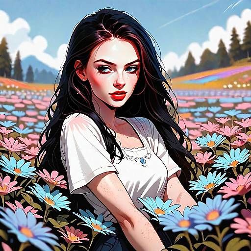 Digital Art of Young Woman in Flower Field with Black Hair and Blue Eyes