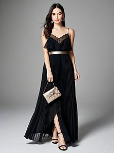 Woman in Elegant Black Sheer Sleeveless Pleated Evening Maxi Dress with Metallic Belt