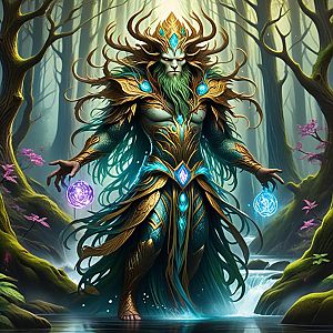 Powerful Forest Deity in Mystical Stream