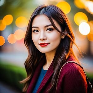 Confident young woman in maroon cardigan during golden hour
