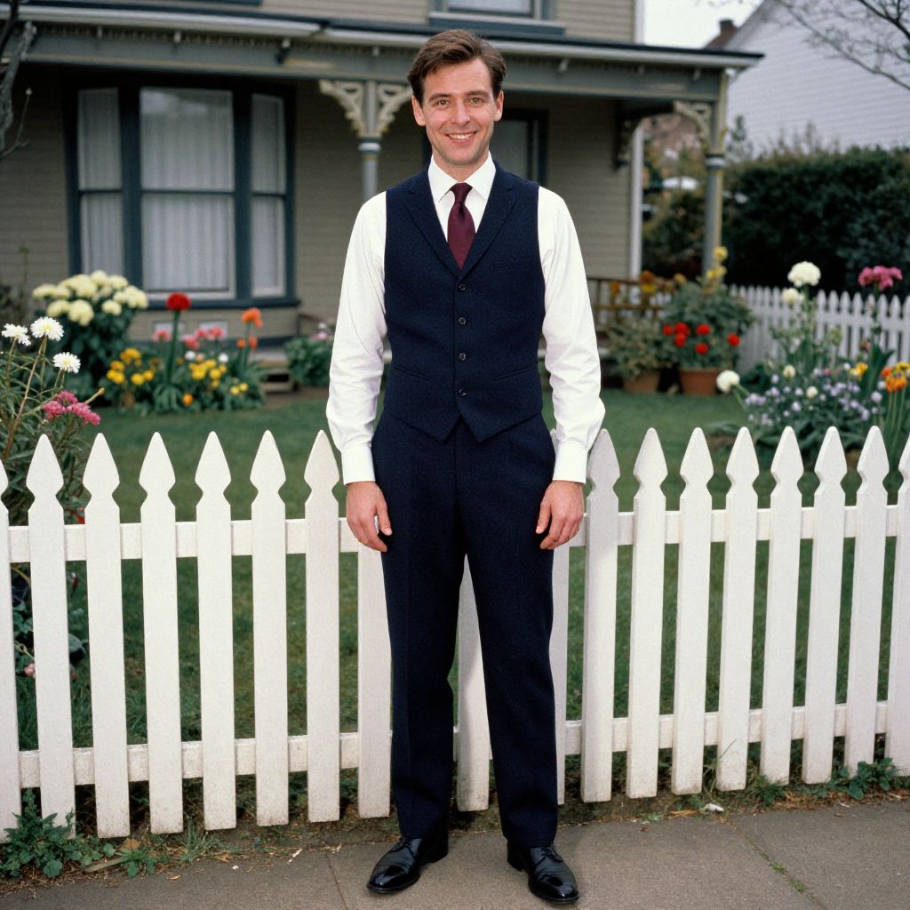 Man in Classic Suit Standing by White Picket Fence with Garden Background