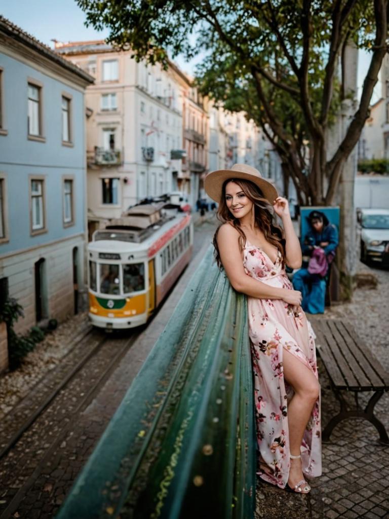 Confident Woman in Floral Dress with Lisbon Tram