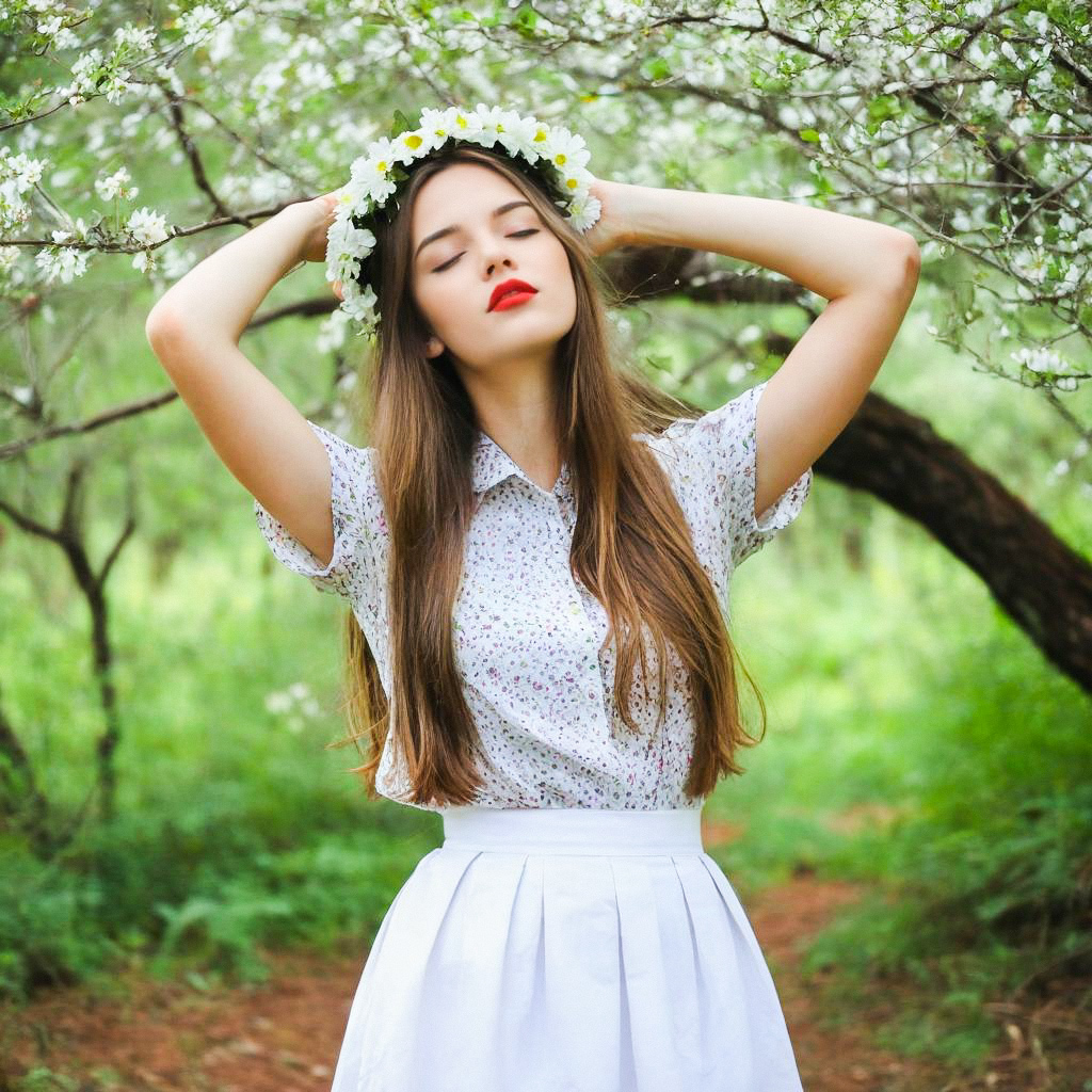 Young Woman in Floral Dress in Garden Young Woman in Floral Dress in Garden