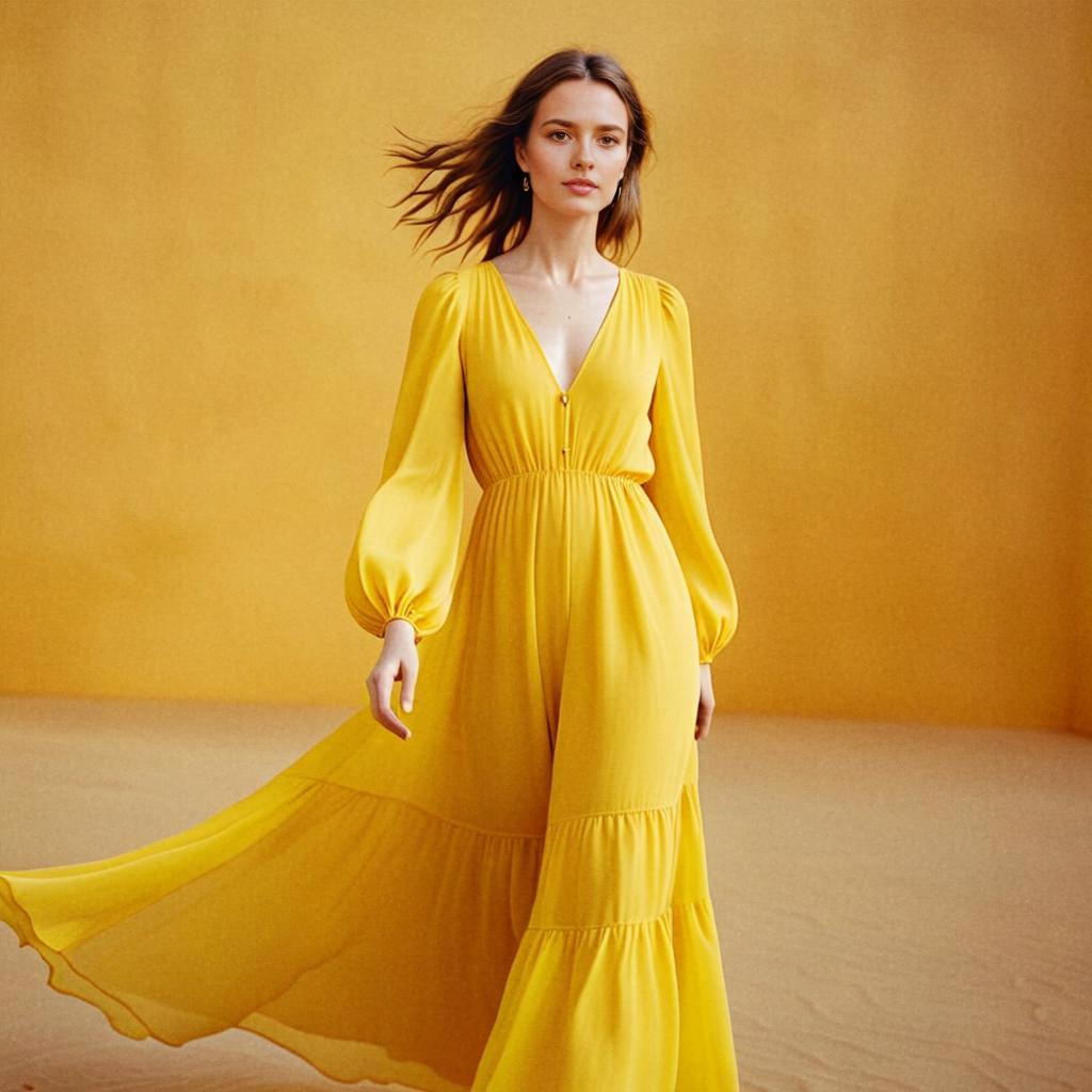 Elegant Woman in Yellow Dress Against Golden Background