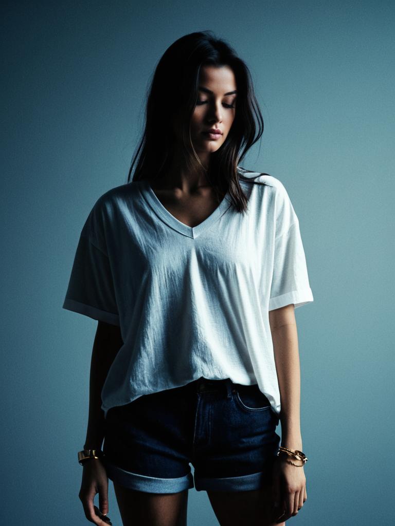 Woman in Casual Chic Oversized White V Neck T Shirt and Denim Shorts