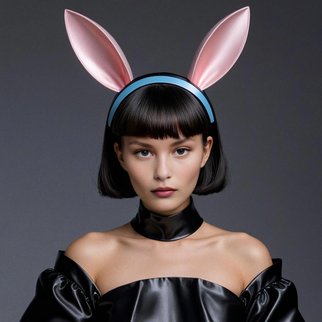 Bold Woman in Pink Bunny Ears and Black Outfit