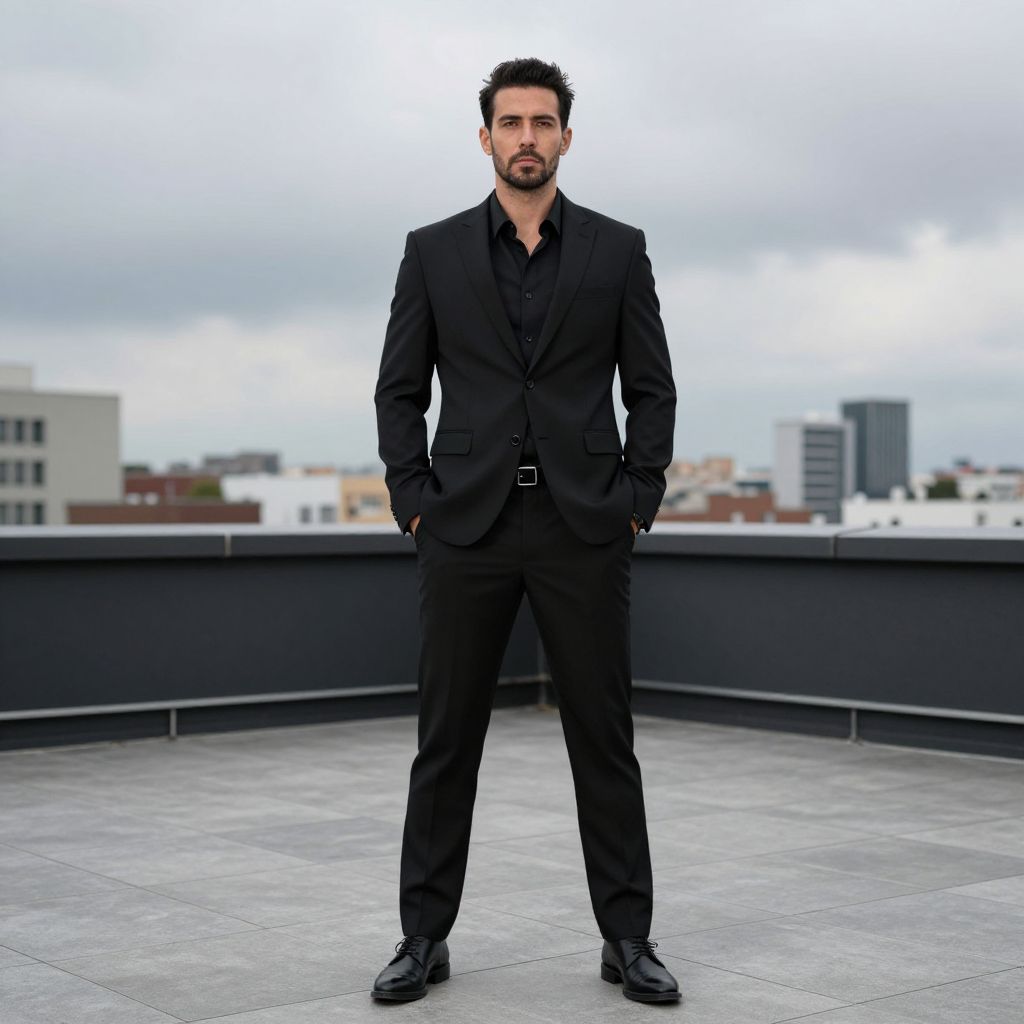 Confident Man in Black Suit on Urban Rooftop