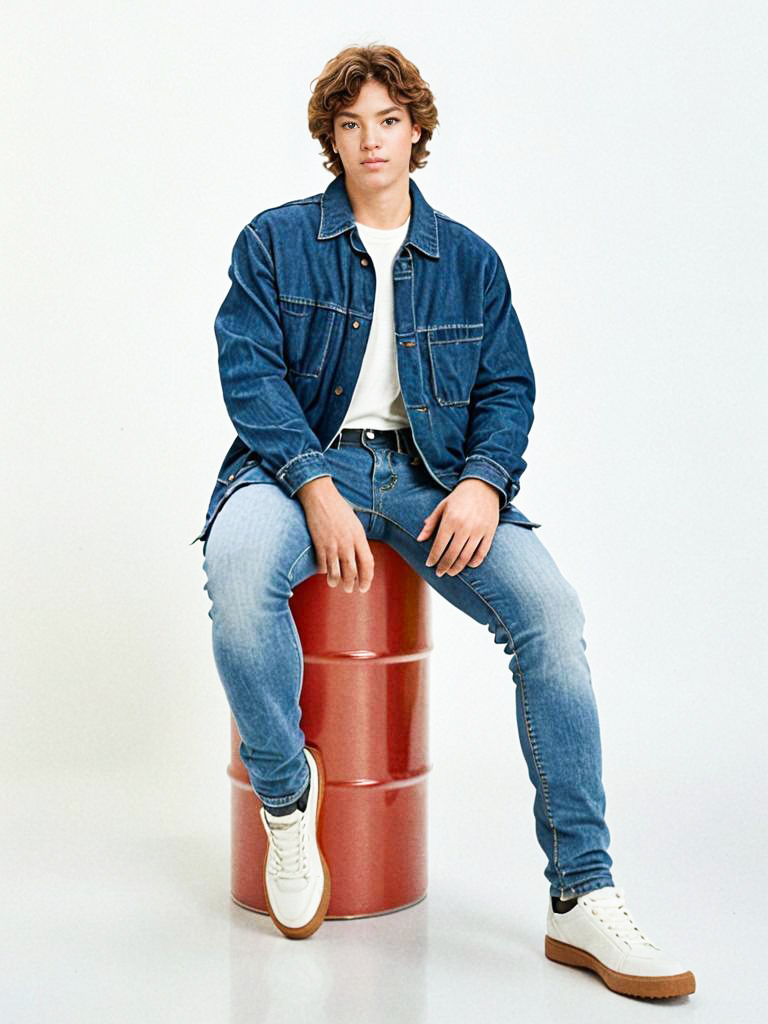 Young Man in Denim Jacket on Red Barrel