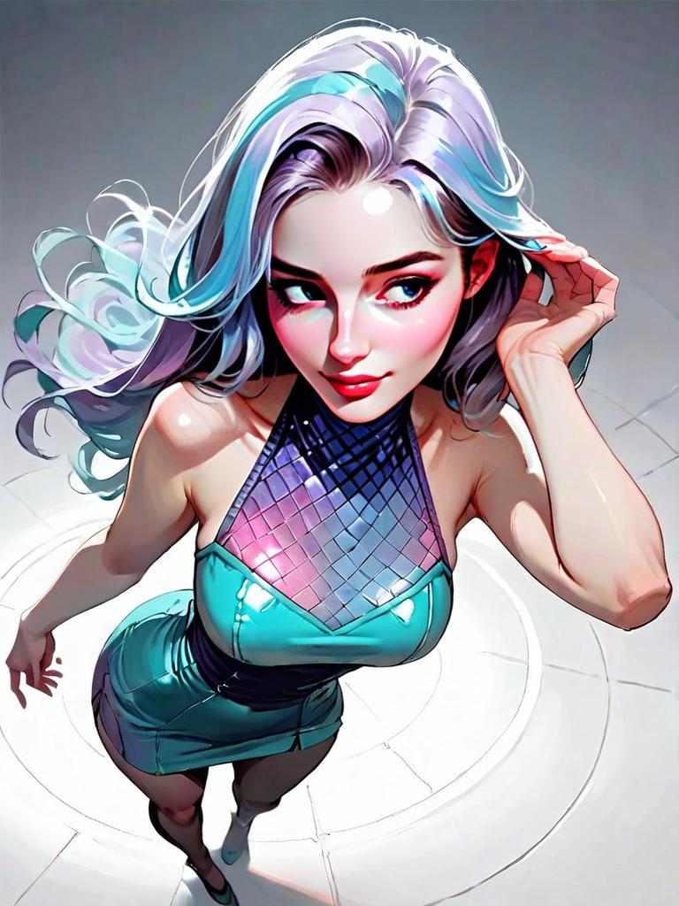 Realistic Comic Style Full Body Shot of Woman with Iridescent Hair in Turquoise Dress