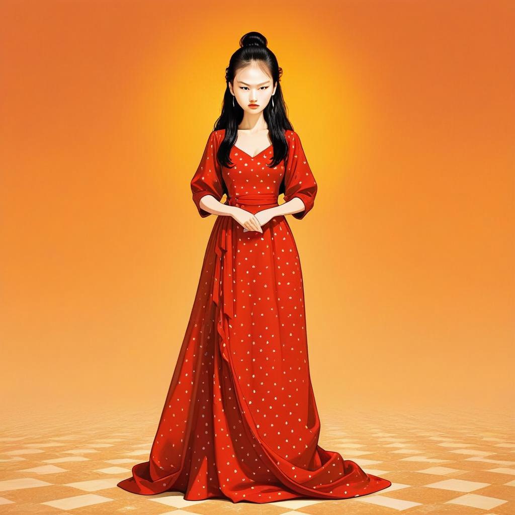 Stylized Woman in Red Dress on Checkered Floor