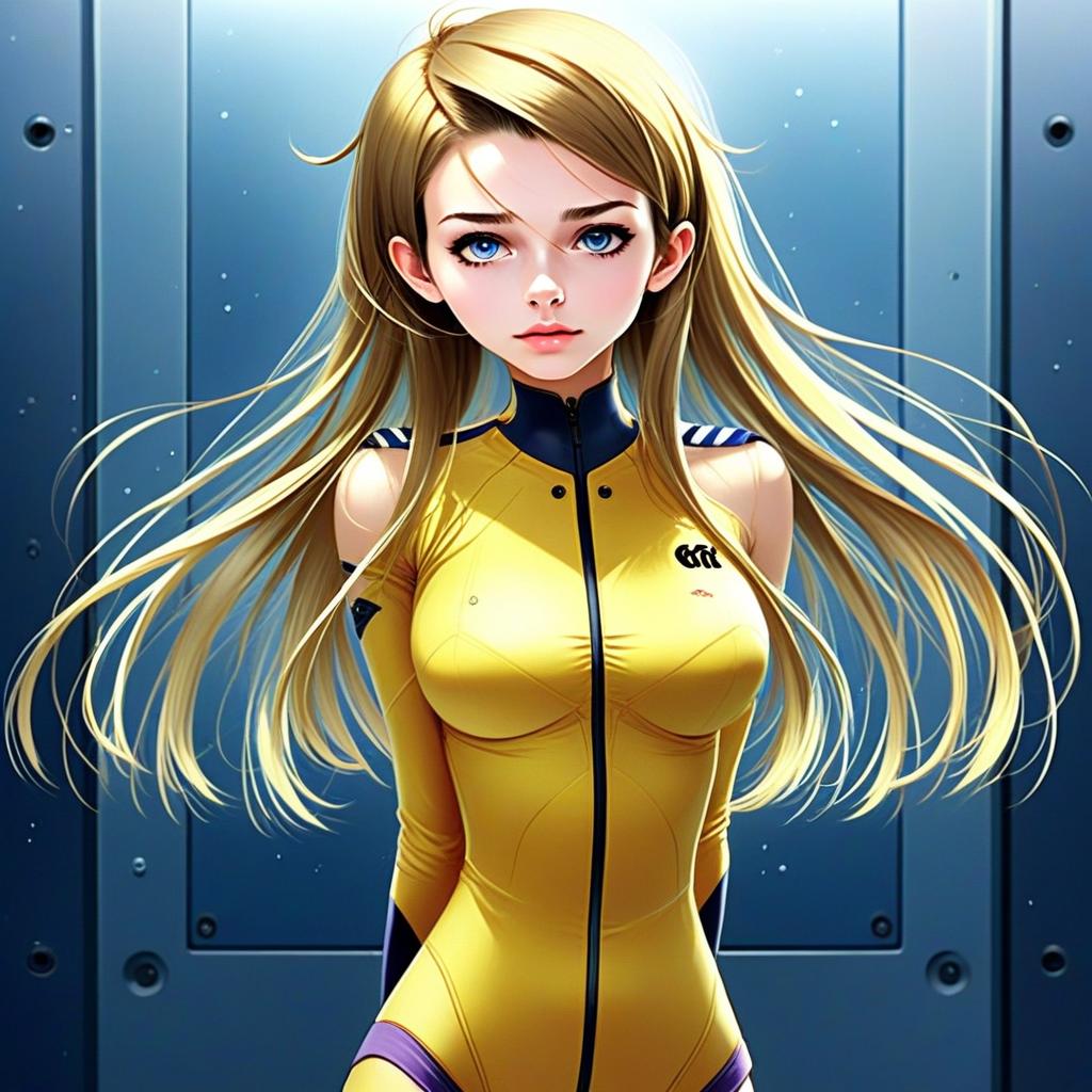 Anime Style Portrait of Blonde Woman in Futuristic Yellow Bodysuit