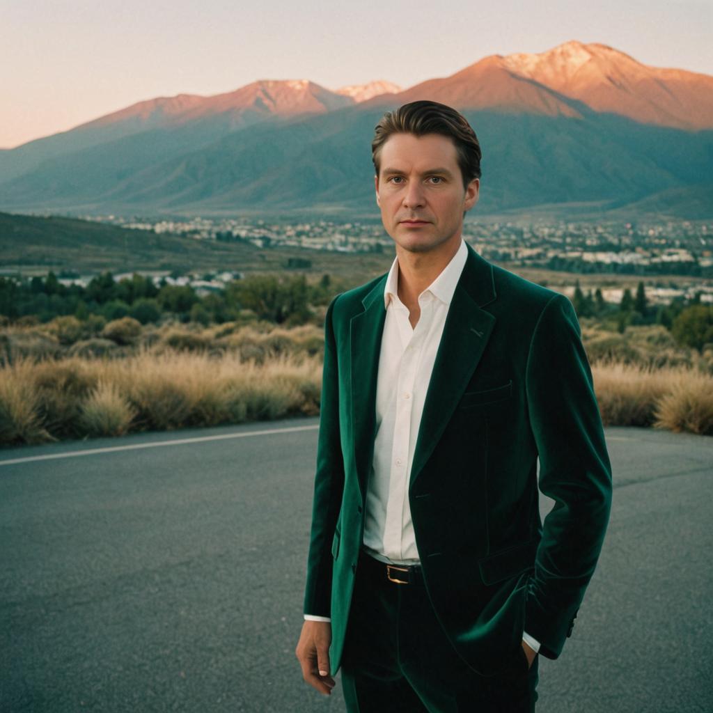 Confident Man on Mountain Road at Golden Hour